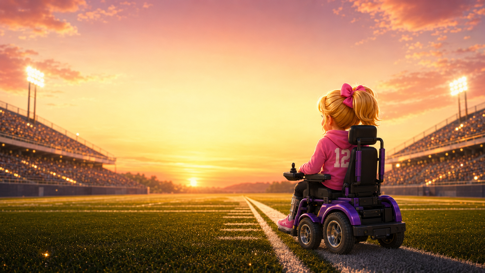 Rylee rolls toward the football field beneath a radiant gold-and-pink sunset
