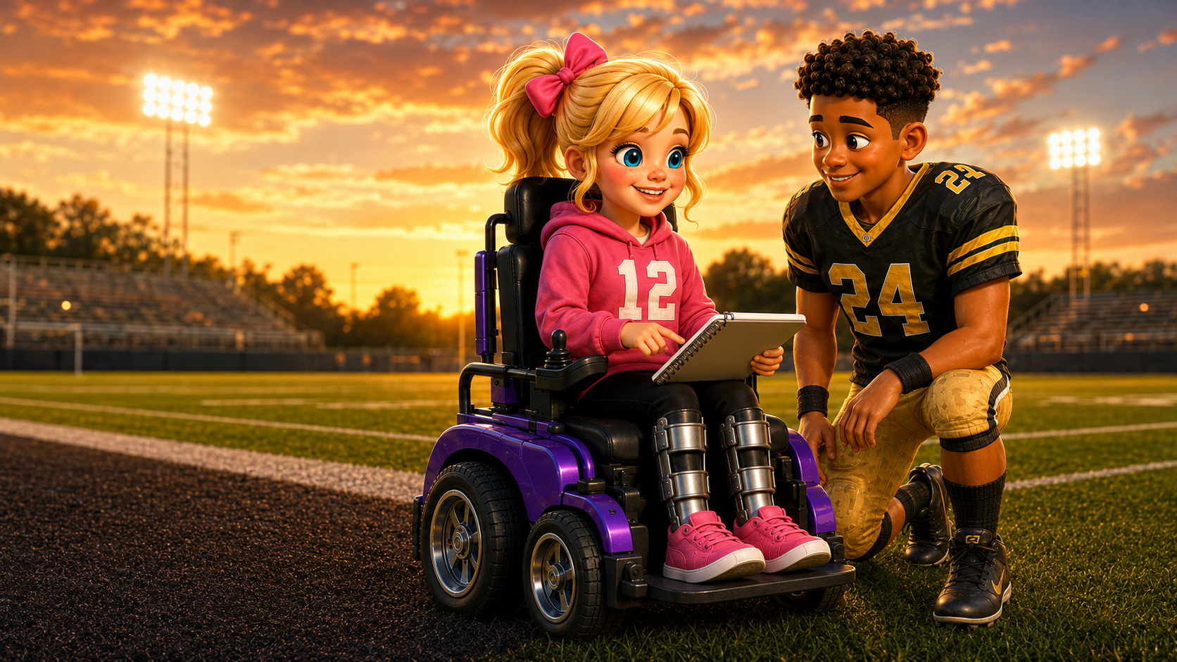 Rylee studies her notebook with Jake beside her on the football field at golden sunset