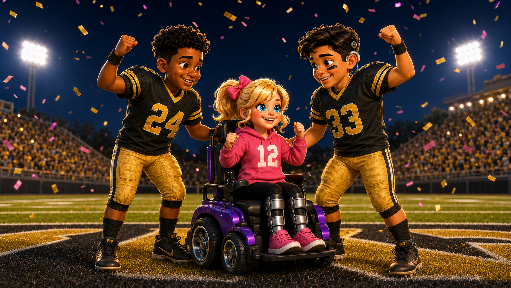 Rylee celebrates under stadium lights with Jake and Cameron as confetti fills the air