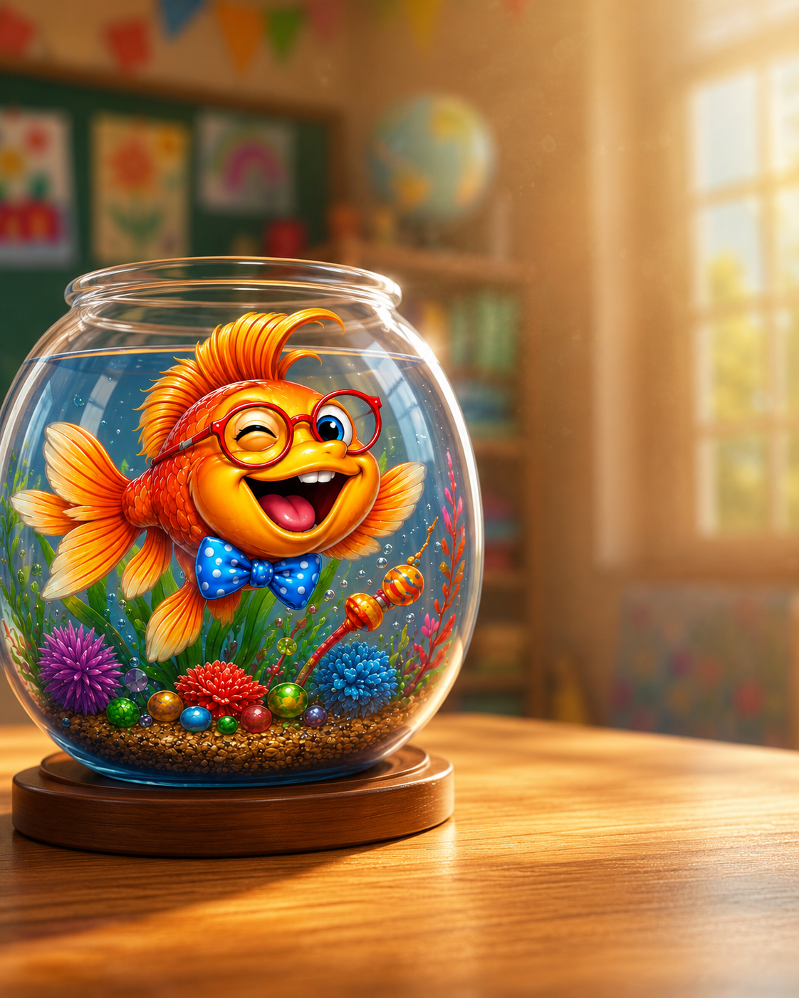 Big Josh, an orange-gold fish with red glasses and a blue bow tie