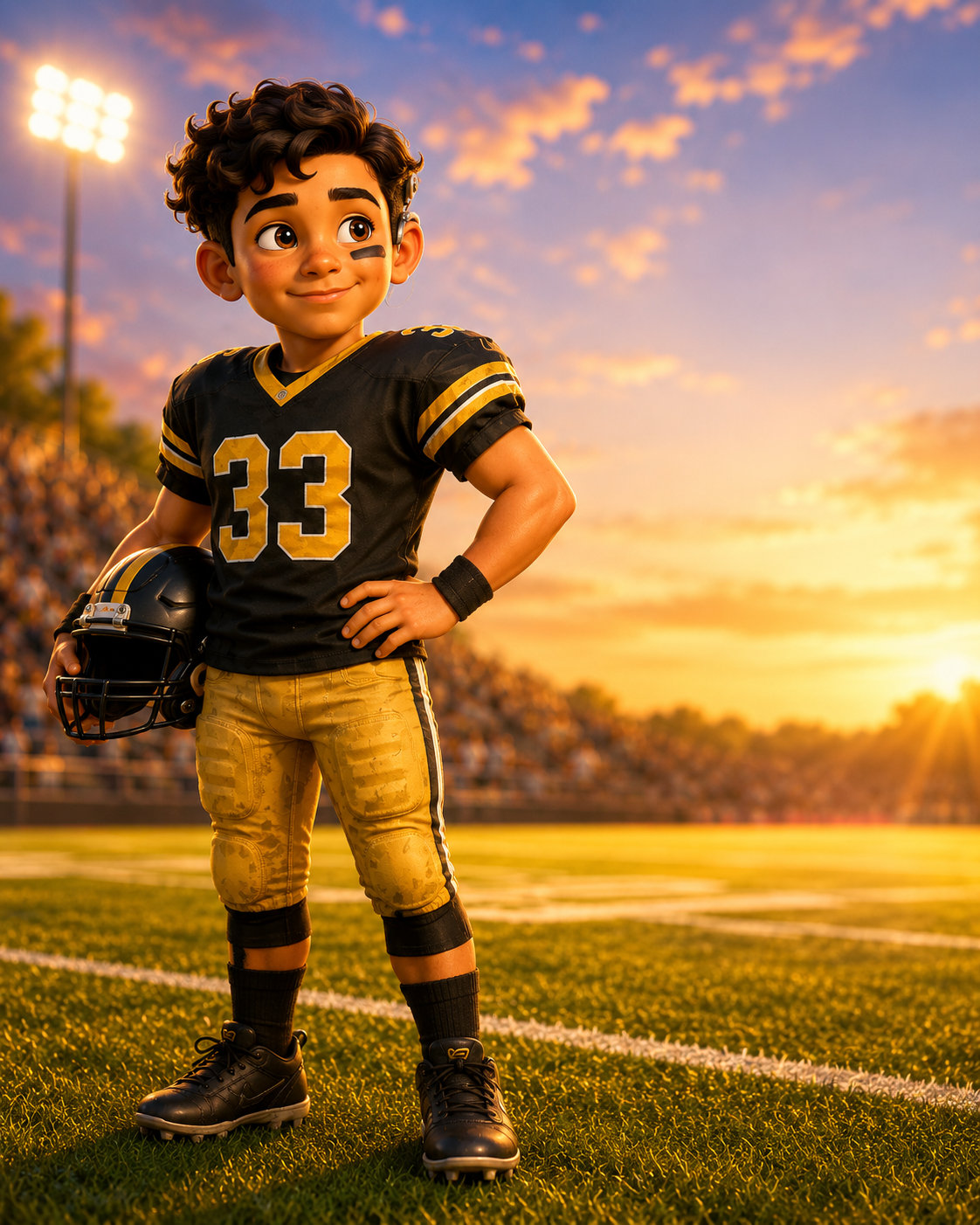 Cameron wearing his black and gold number 33 football uniform and visible hearing aid