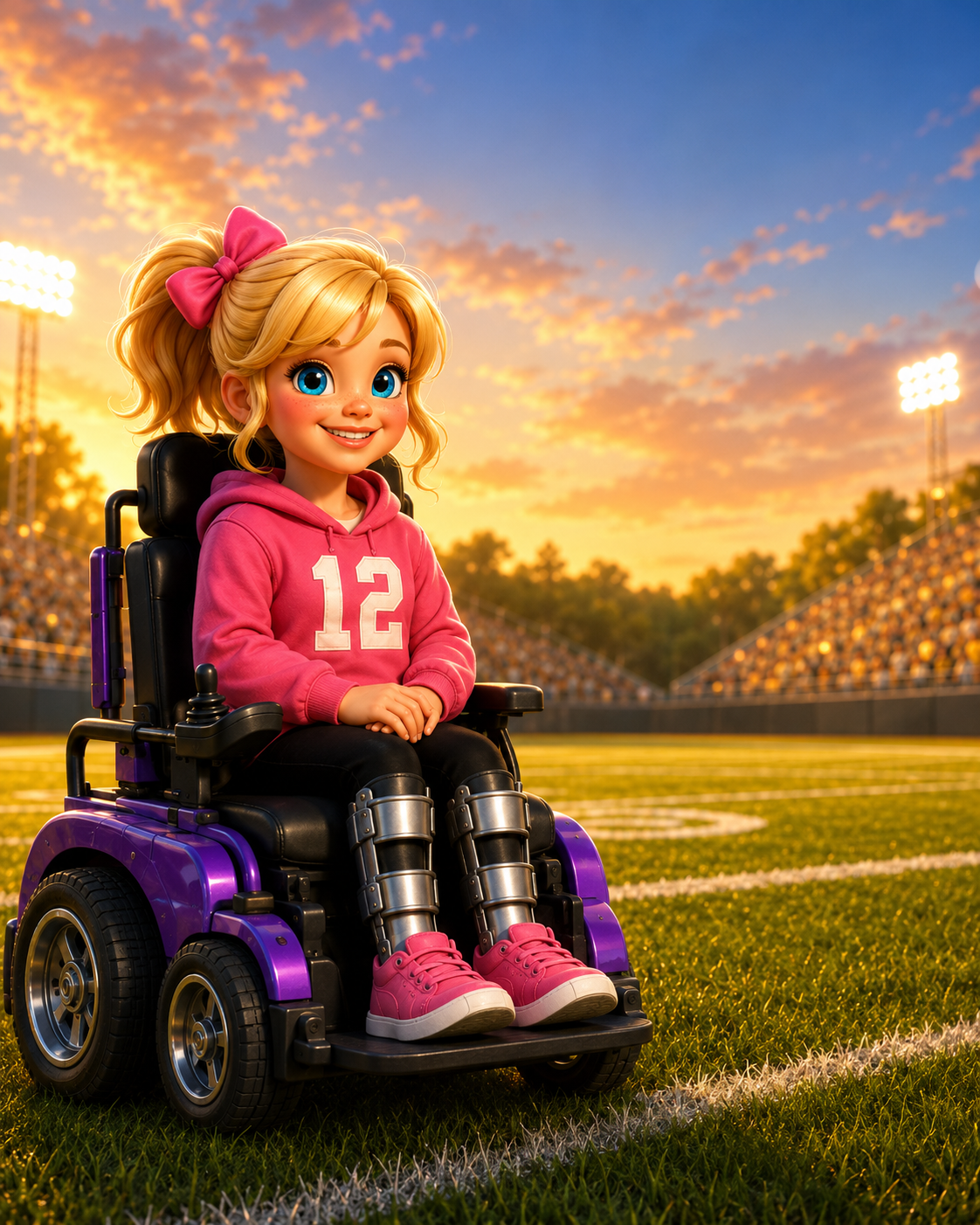 Rylee smiling in her purple wheelchair and pink number 12 hoodie