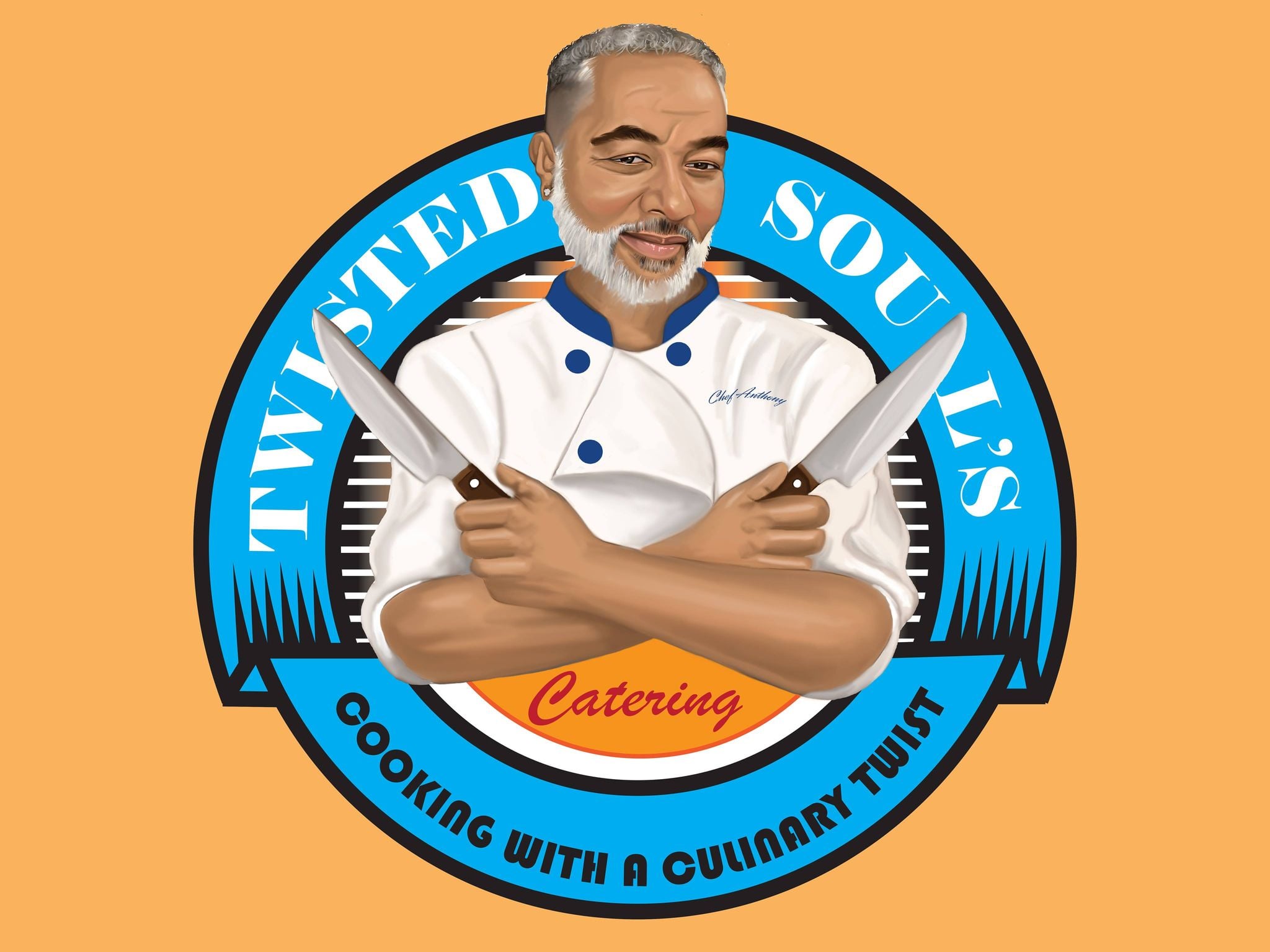 Custom illustrated catering logo featuring a chef holding two knives