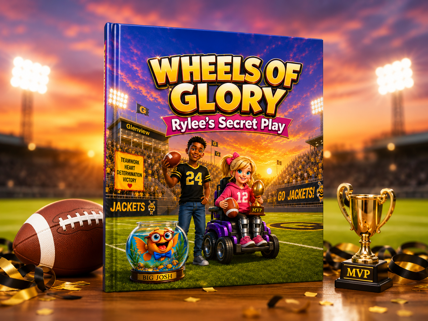 Wheels of Glory book displayed with a football and MVP trophy