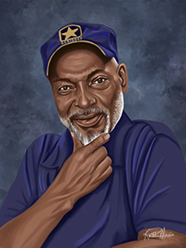 Digital portrait of an older man wearing a navy cap and shirt